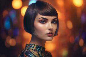 Beautiful young brunette lady with short modern haircut. Generate ai photo