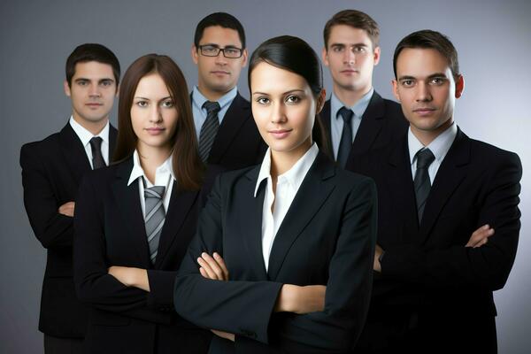 Business managerial team dressed in black suits posing with crossed arms. Generate ai