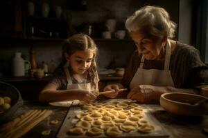 Grandmother teaching granddaughter make pasta. Generate Ai photo