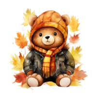 cute watercolor teddy bear wearing autumn clothes isolated on transparent background, AI Generative. png