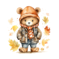 cute watercolor teddy bear wearing autumn clothes isolated on transparent background, AI Generative. png