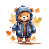schattig waterverf teddy beer vervelend herfst kleren geïsoleerd Aan transparant achtergrond, ai generatief. png