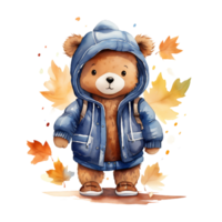 cute watercolor teddy bear wearing autumn clothes isolated on transparent background, AI Generative. png