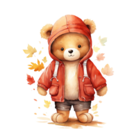 schattig waterverf teddy beer vervelend herfst kleren geïsoleerd Aan transparant achtergrond, ai generatief. png