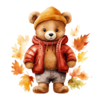 cute watercolor teddy bear wearing autumn clothes isolated on transparent background, AI Generative. png