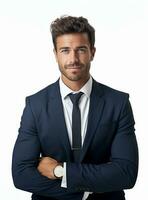 Ai Generative photo confident young businessman in suit standing with arms folded