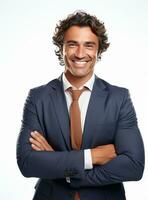 Ai Generative photo confident young businessman in suit standing with arms folded