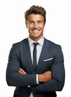 Ai Generative photo confident young businessman in suit standing with arms folded