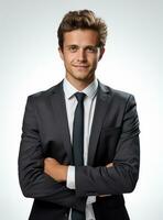 Ai Generative photo confident young businessman in suit standing with arms folded