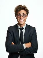 Ai Generative photo confident young businessman in suit standing with arms folded