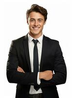 Ai Generative photo confident young businessman in suit standing with arms folded