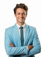 Ai Generative photo confident young businessman in suit standing with arms folded