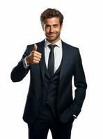 Ai Generative photo happy businessman shows thumbs up sign in suit isolated on white