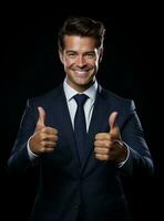 Ai Generative photo happy businessman shows thumbs up sign in suit isolated on white