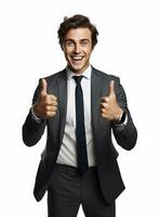 Ai Generative photo happy businessman shows thumbs up sign in suit isolated on white