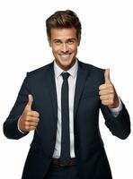 Ai Generative photo happy businessman shows thumbs up sign in suit isolated on white