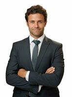 Ai Generative photo confident young businessman in suit standing with arms folded