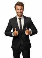 Ai Generative photo happy businessman shows thumbs up sign in suit isolated on white