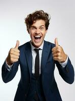 Ai Generative photo happy businessman shows thumbs up sign in suit isolated on white