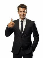 Ai Generative photo happy businessman shows thumbs up sign in suit isolated on white