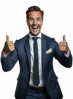 Ai Generative photo happy businessman shows thumbs up sign in suit isolated on white