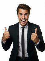 Ai Generative photo happy businessman shows thumbs up sign in suit isolated on white