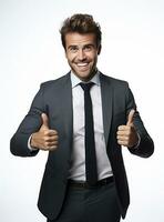 Ai Generative photo happy businessman shows thumbs up sign in suit isolated on white