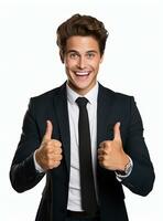 Ai Generative photo happy businessman shows thumbs up sign in suit isolated on white