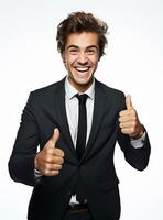 Ai Generative photo happy businessman shows thumbs up sign in suit isolated on white