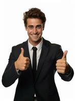 Ai Generative photo happy businessman shows thumbs up sign in suit isolated on white