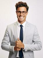 Ai Generative happy business man in a suit white background photo