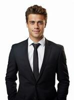 Ai Generative happy business man in a suit white background photo