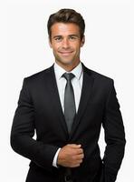 Ai Generative happy business man in a suit white background photo