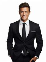 Ai Generative happy business man in a suit white background photo