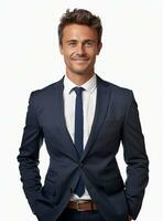 Ai Generative happy business man in a suit white background photo