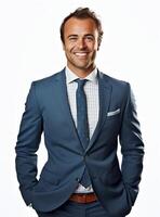 Ai Generative happy business man in a suit white background photo