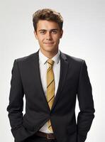 ai generativo contento negocio hombre en un traje blanco antecedentes foto