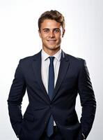 Ai Generative happy business man in a suit white background photo