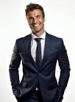 Ai Generative happy business man in a suit white background photo
