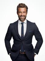Ai Generative happy business man in a suit white background photo