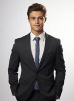 Ai Generative happy business man in a suit white background photo