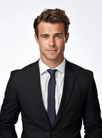 Ai Generative happy business man in a suit white background photo