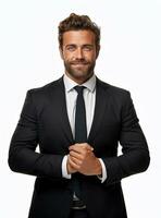 Ai Generative happy business man in a suit white background photo