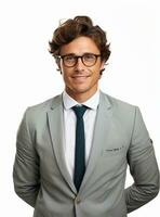 Ai Generative happy business man in a suit white background photo