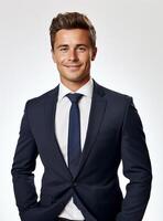 Ai Generative happy business man in a suit white background photo