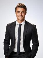 Ai Generative happy business man in a suit white background photo