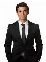 Ai Generative happy business man in a suit white background photo