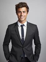 Ai Generative happy business man in a suit white background photo