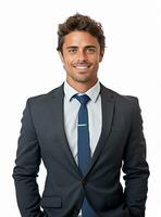 Ai Generative happy business man in a suit white background photo