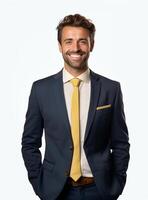 Ai Generative happy business man in a suit white background photo
